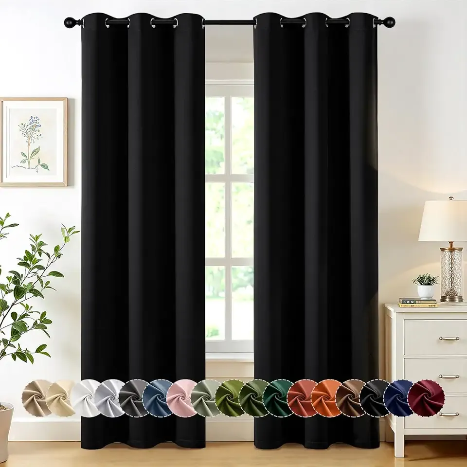Black Blackout Curtains for Bedroom Living Room 84 Inches Long 2 Panels, Thermal Insulated Room Darkening Drapes Solid Grommet Top Noise Reduction Light Blocking Halloween Window Treatments