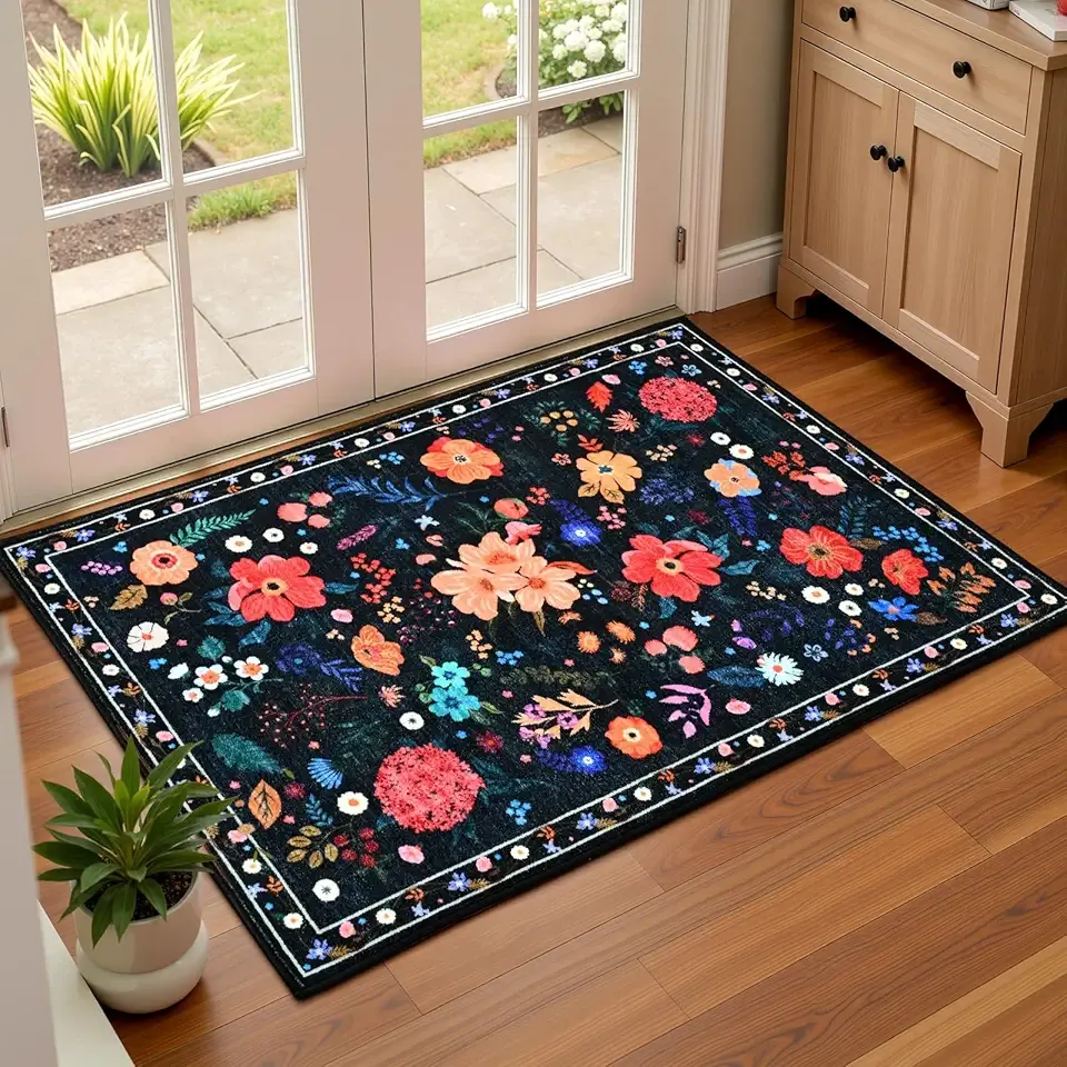 Terrug Floral Entryway Rug, 2x3 Black Rug Boho Washable Kitchen Throw Rugs, Soft Low Pile Cute Small Rugs, Non-Slip Stain Resistant Vintage Carpet for Entryway Bedroom Kitchen Bathroom Laundry