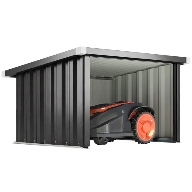 Riparo/garage per robot tagliaerba con tetto inclinato in acciaio zincato, 108 x 86 x 62,5 cm, grigio scuro.