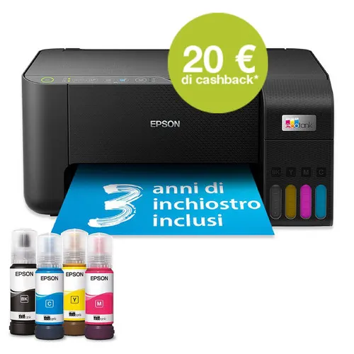 EPSON - EcoTank ET - 2860 Stampante Inkjet Multifunzione A4, serbatoi ricaricabili, 3 anni inchiostro inclusi, 20€ cashback*