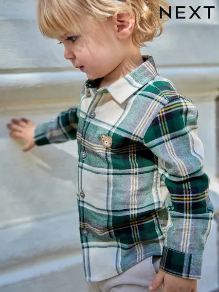 Green/Ecru Bear Long Sleeve Brushed Check Shirt (3mths-7yrs)