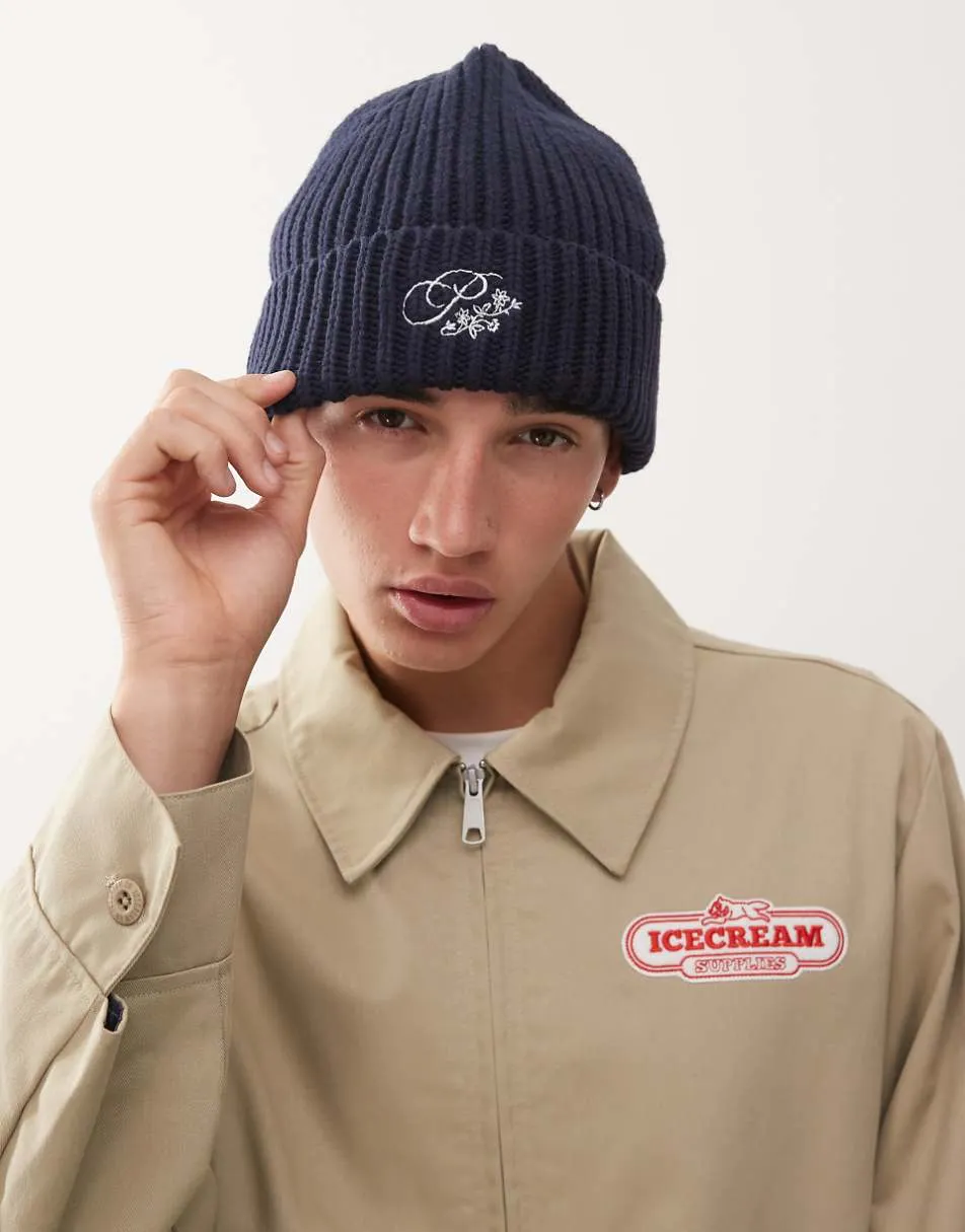 Prohibited logo knit beanie in navy