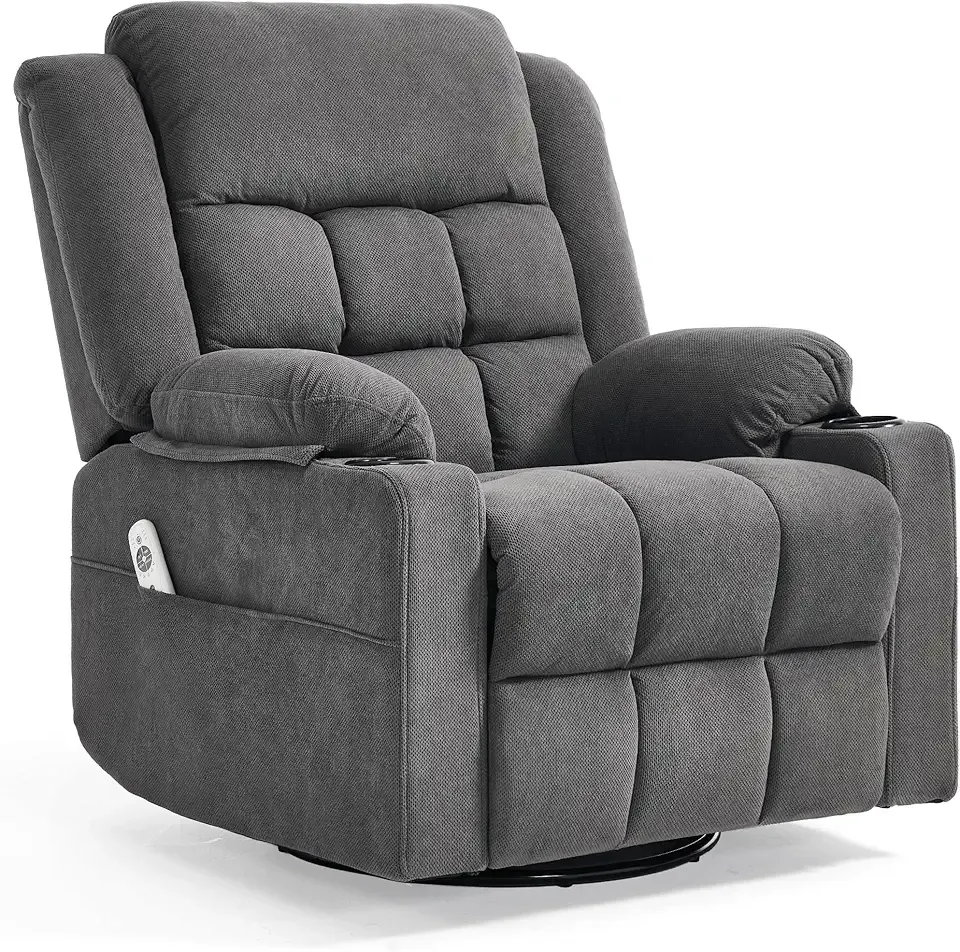 Swivel Recliner Chair for Adults with Vibration Massage and Heating,Manual Glider Rocking Recliner Chair with Cup Holds and Pockets,Reclining Rocker Chairs for Living Room Bedroom(Grey)
