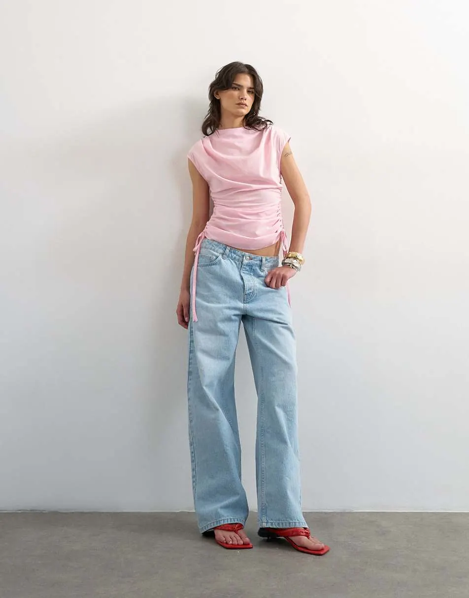 Topshop ruched side cap sleeve top in pink