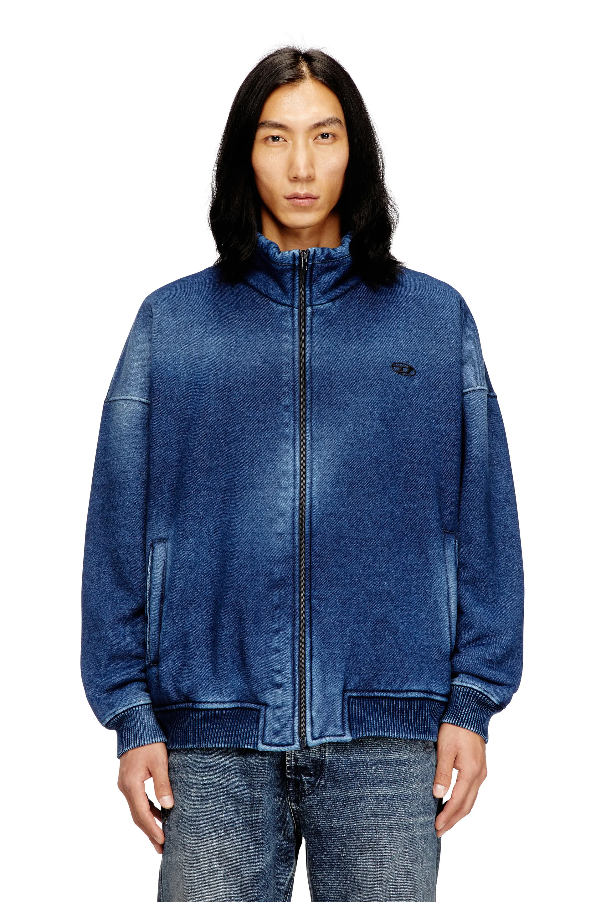 Teddy-lined zip jacket with denim effect