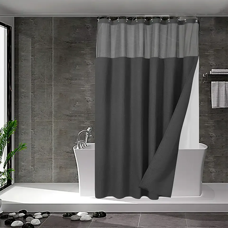 N&Y HOME Waffle Weave Shower Curtain with Snap Liner 71x72, Graphite Gray | 12 Metal Hooks Included, Snap on Fabric Liner, Mesh Window, Washable, Hotel Style Shower Curtain Set for Bathroom