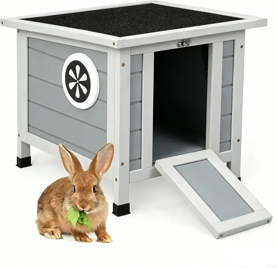 Coziwow Rabbit Hutch, Bunny Cage Indoor with Openable, Portable Small Animals Shelters with Nonslip Ramp for Hideout Rabbits/Feral Cats/Chicken/Duck/Small Animals-Gray