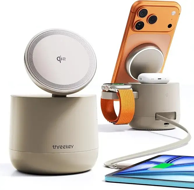 MFI Certified by Apple, 4 in 1 Magsafe Wireless Charging Station, Qi2 15W Magsafe Charger for iPhone 17/16/15/14/13/12 Series, iWatch, Airpods, iPad, 65W Charger Included (Sand, 4 in 1)