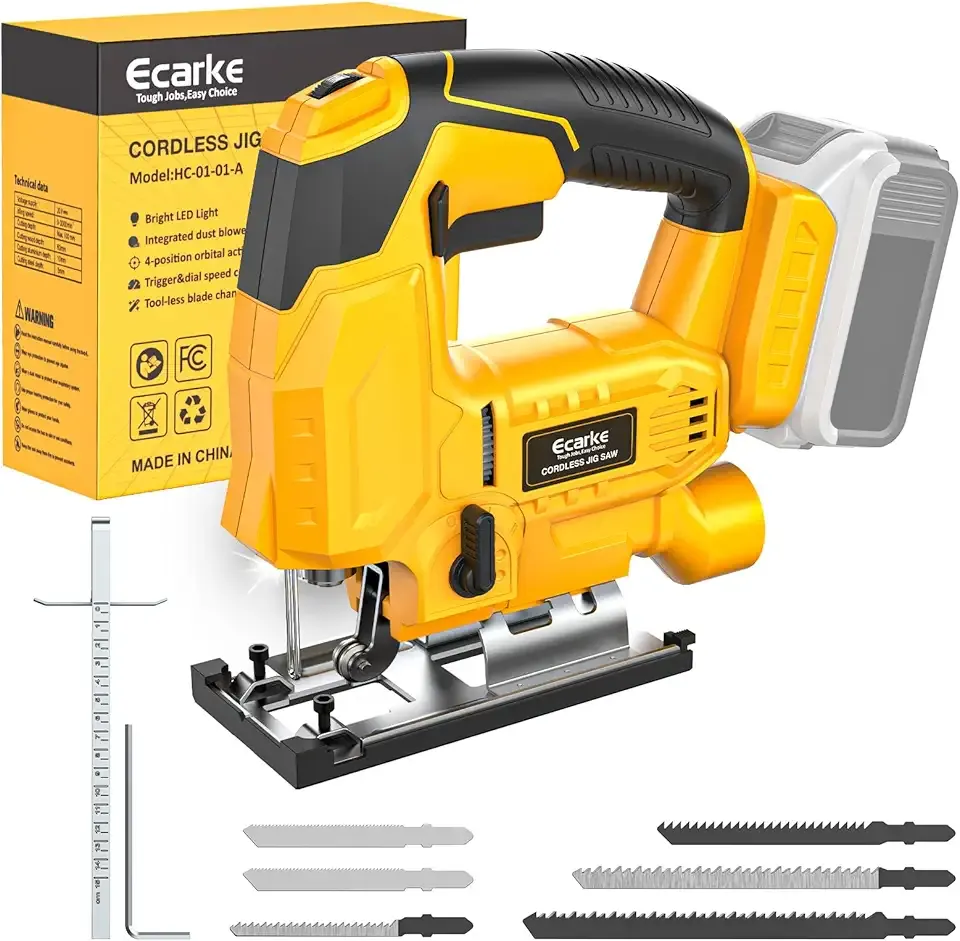 Ecarke Cordless Jig Saw Compatible With Dewalt 20V Max, Brushless, 7 Speeds Dial Control, 4 Orbital Sets, Dust-Blowing, ±45° Bevel Cuts, LED Light and 6PCS Blades For Cutting (Exclude Battery)
