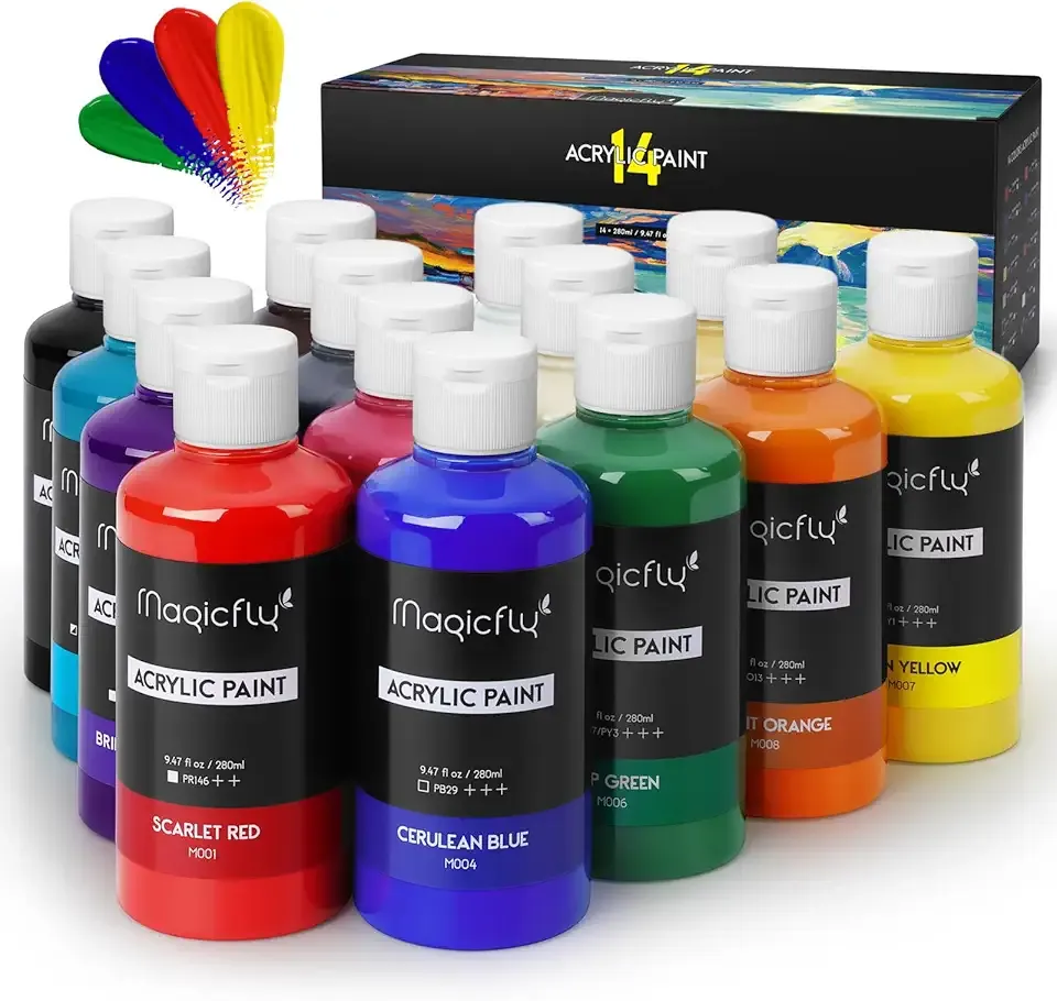 Magicfly Acrylic Paint Set, 14 Vibrant Colors (280ml / 9.47oz Each), Large Bulk Acrylic Paints for Artists & Beginners, Rich Pigment Craft Paint for Canvas, Wood, Ceramic, Fabric