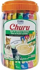 INABA Churu Cat Treats, Lickable, Squeezable Creamy Purée Cat Treat with Green Tea Extract & Taurine, 0.5 Ounces Each Tube, 50 Tubes, Tuna & Chicken Variety INABA Churu Cat Treats, Lickable, Squ…