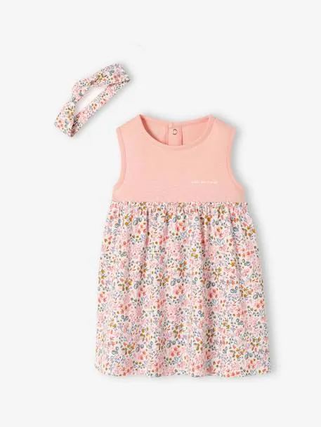 Robe bébé naissance et bandeau assorti - rose poudré
