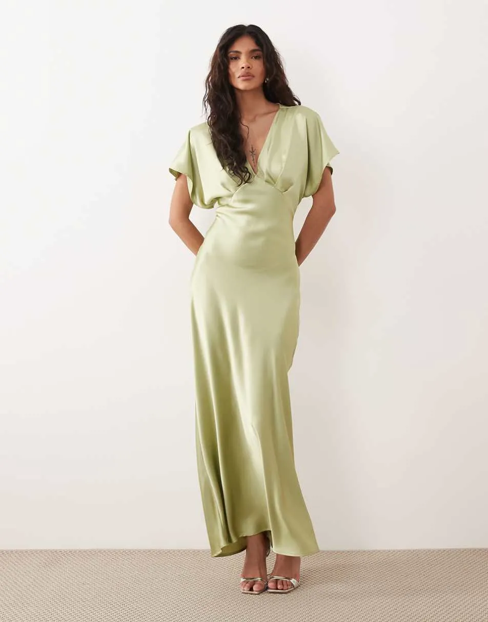 Gina Tricot batwing plunge satin maxi dress in green