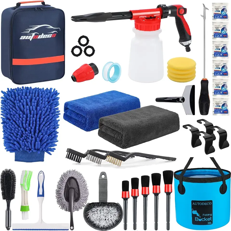 AUTODECO 35Pcs Car Wash Detailing Kit Cleaning Kits with Foam Gun Sprayer Collapsible Bucket Brush Large Wash Mitt Towels Complete Interior Exterior Car Washing Supply Set Blue