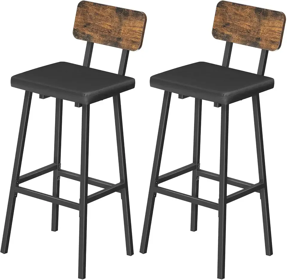 HOOBRO Black Bar Stools, Set of 2 PU Upholstered Tall Bar Stools, Kitchen Breakfast Stools with Footrests, Bar Chairs, for Kitchen, Dining Room, Bar, Cafe, Rustic Brown and Black BF84BY01G2