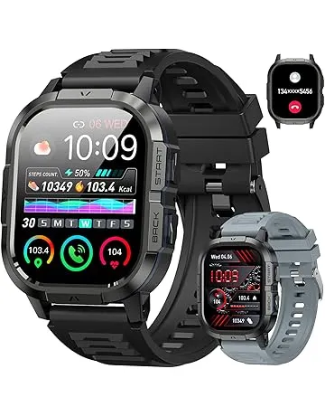 Smart Watch for Men Fitness Tracker: Make/Answer Call Military Smart Watches for Men Digital Watches Heart Rate Monitor Waterproof Running Smartwatch Android Phones iPhone Samsung Compatible 2 Bands