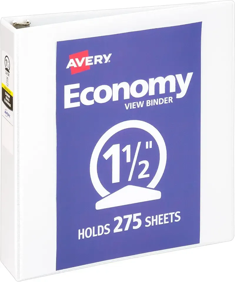 Avery Standard View 3 Ring Binder, 1.5" Round Rings, 275-Sheet Capacity, 2.1 Inch Wide Spine, 1 White Binder, Ideal for Lightweight Organization and Occasional Referencing (05726)