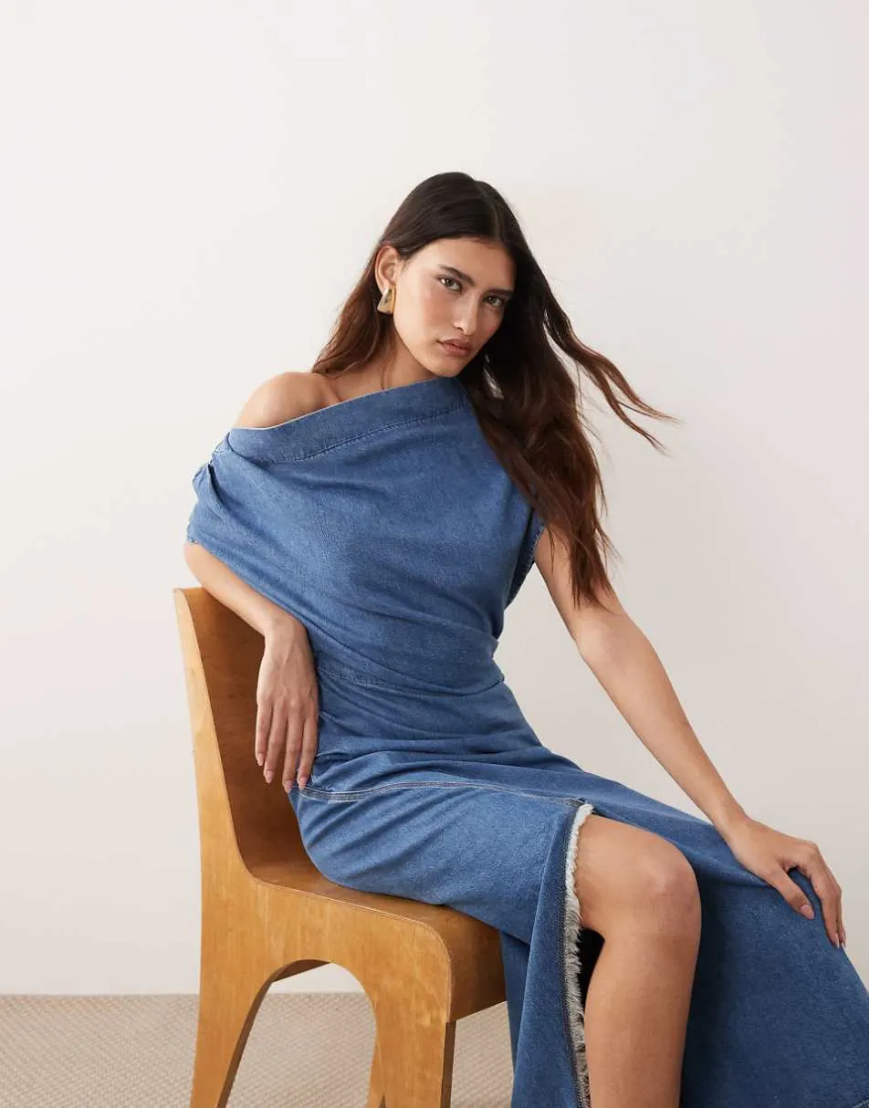 ARRANGE draped denim maxi dress in mid wash blue