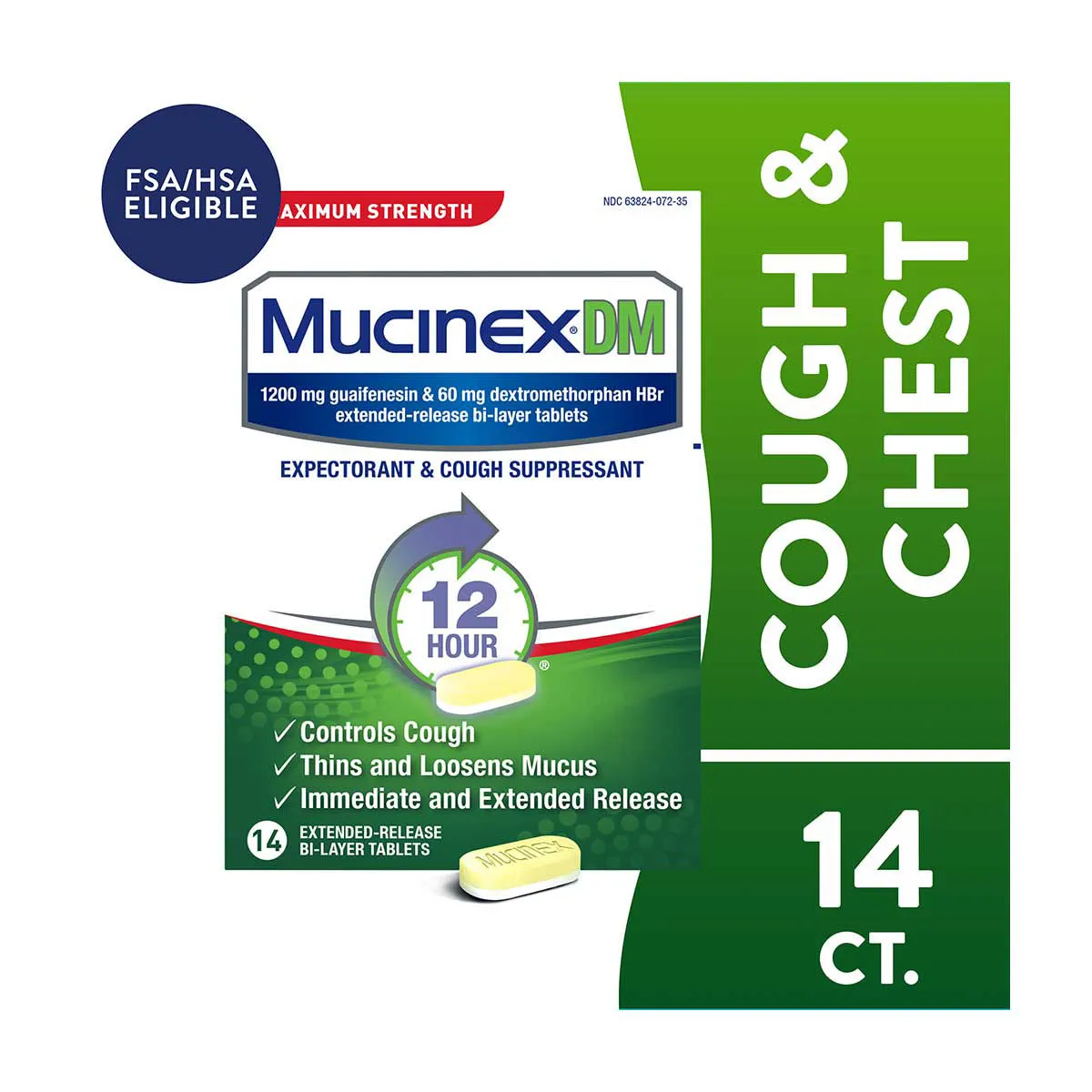 Mucinex DM Maximum Strength 12-Hour Expectorant and Cough Suppressant Tablets, 14 ct
