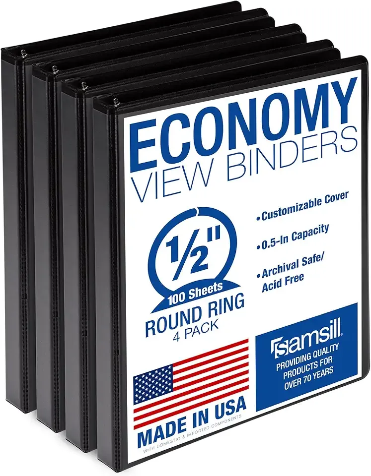 Samsill 0.5 Inch 3 Ring Binders, Economy Round Ring, Clear View Cover, 100 Sheet Capacity - for School, Home, Office - Black, 4 Pack