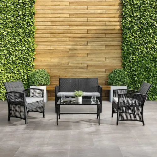 Parksville Black Rattan Flared Sofa Set, 4pc