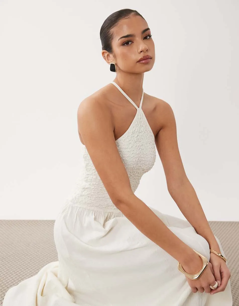 ASOS DESIGN crinkle cami halter midi dress in cream
