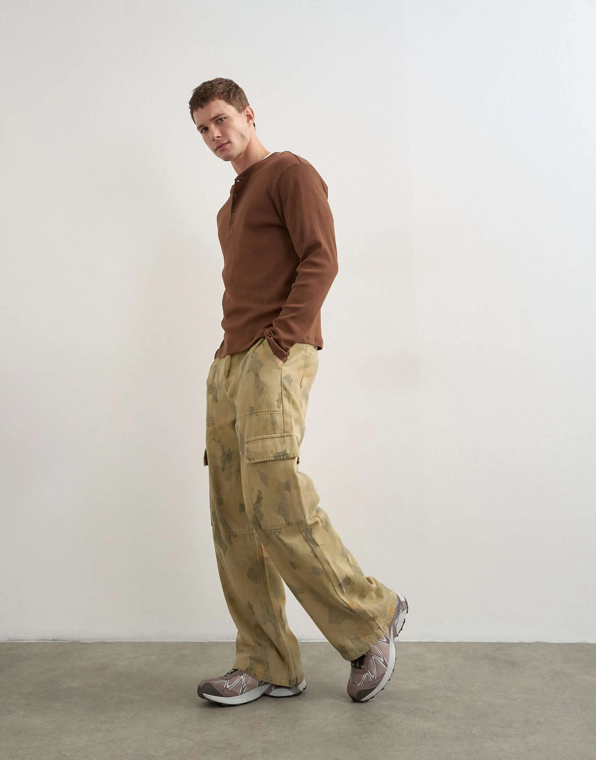 Topman baggy fit twill camo print trousers in khaki