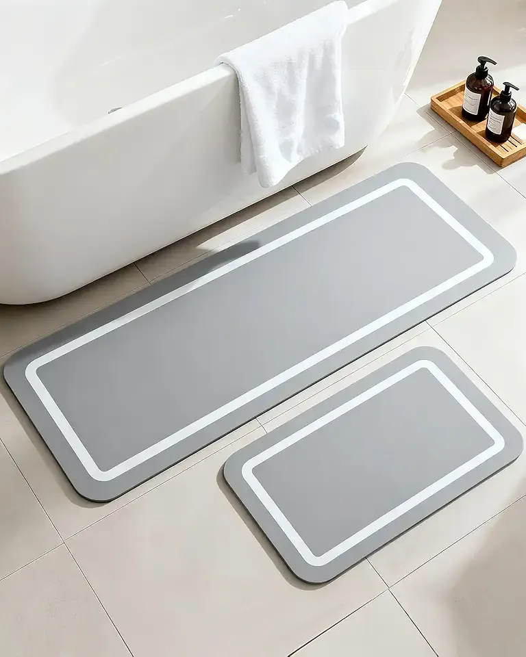 Soft Diatomaceous Earth Bath Mat, Quick Dry Bathroom Mats 2 Piece, Gray Super Absorbent Bath Mat Set, Washable Non Slip Bathroom Rugs, Stone Bath Mats Alternative, 15.74" x 23.62" Plus 15.74" x 47.2"