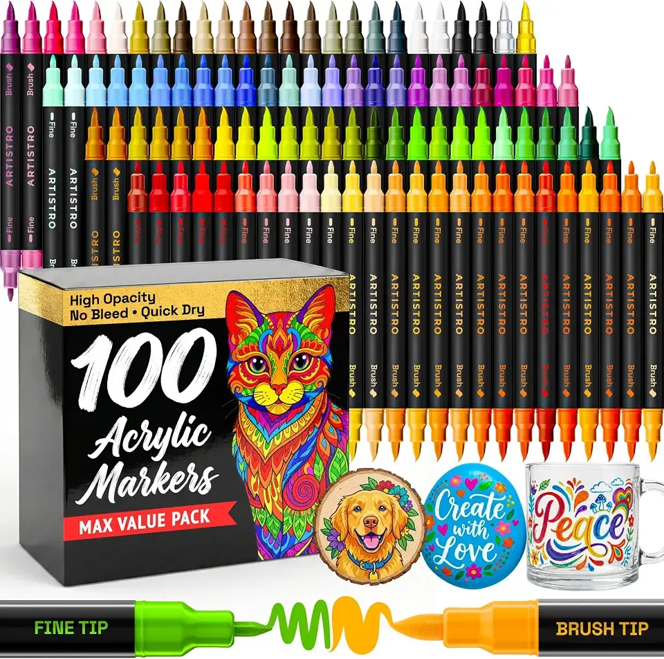 ARTISTRO 100 Acrylic Dual-Tip Glass Marker Pens for Wine Glasses | Brush + Fine Tips Vibrant Dual Tip Paint Pens for Party Charms, DIY, Craft - Art and Craft Supplies for Adults, Teens, Kids