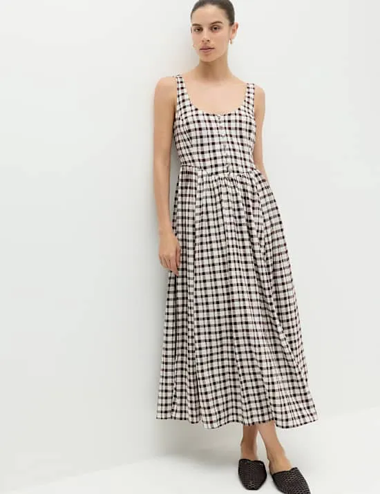 Bedrucktes Korsettkleid mit U-Ausschnitt und hohem Leinenanteil