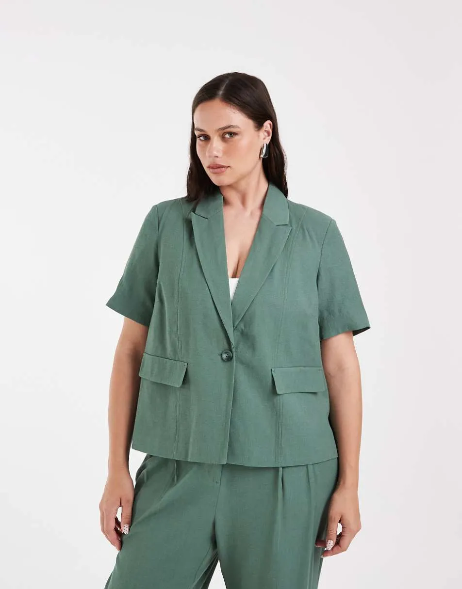 Vero Moda Curve short sleeve tailored blazer co-ord in laurel green