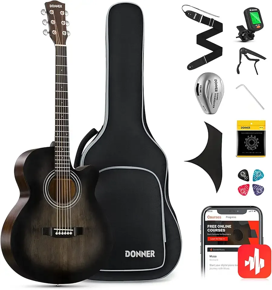 Donner Acoustic Guitar for Beginner Adult 40 Inch Cutaway Acustica Guitarra Bundle Kit with Pickup Online Lesson Bag Tuner Capo Strap Mini Jumbo Travel Teen Right Hand Black Brown DAJ-110CD