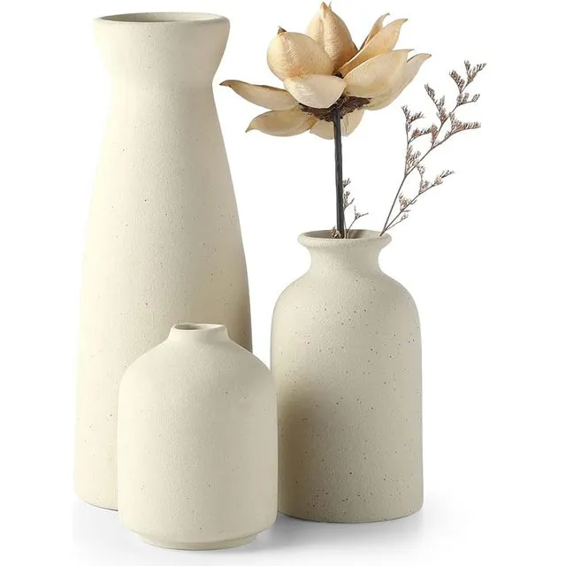 Lote de 3 jarrones de cerámica beige - Estilo bohemio moderno con efecto antiguo - Perfecto para la hierba de la pampa y flores secas