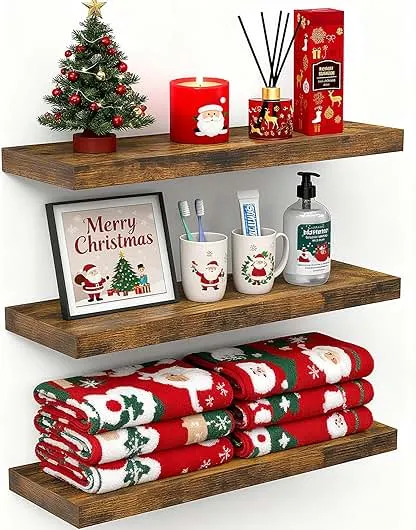 BAYKA Floating Shelves Bathroom for Wall – Shelf Over Toilet Farmhouse Rustic Wood for Bedroom, Kitchen, or Living Room Decor Organization, Christmas Decor Shelves – Rustic Brown, Set of 3 BAYKA Floating Shelves Bathroom for Wall – Shelf Ove…