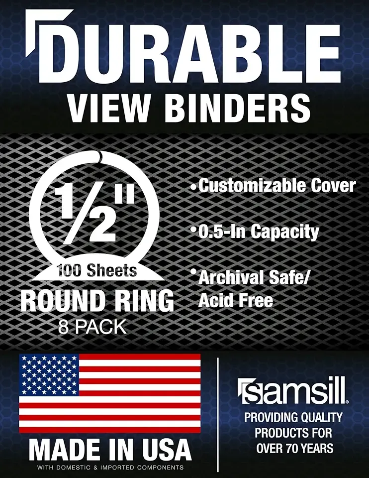 Samsill 8 Pack Durable 0.5 Inch 3 Ring Binders, Round Ring, Clear View Cover for Presentations, White