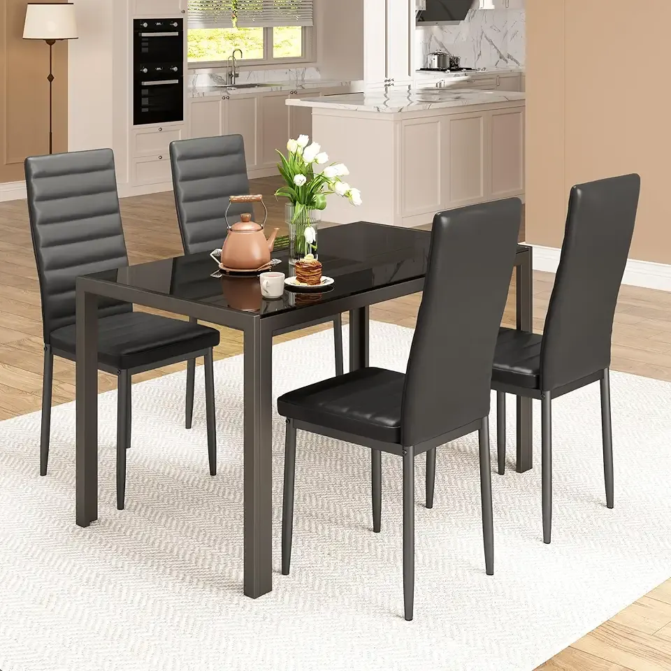 Bealife Kitchen Dining Table Set for 4, Tempered Glass 5 Piece Table and Chairs Set Modern for Home, Kitchen, Living Room, Dining Room (Black)