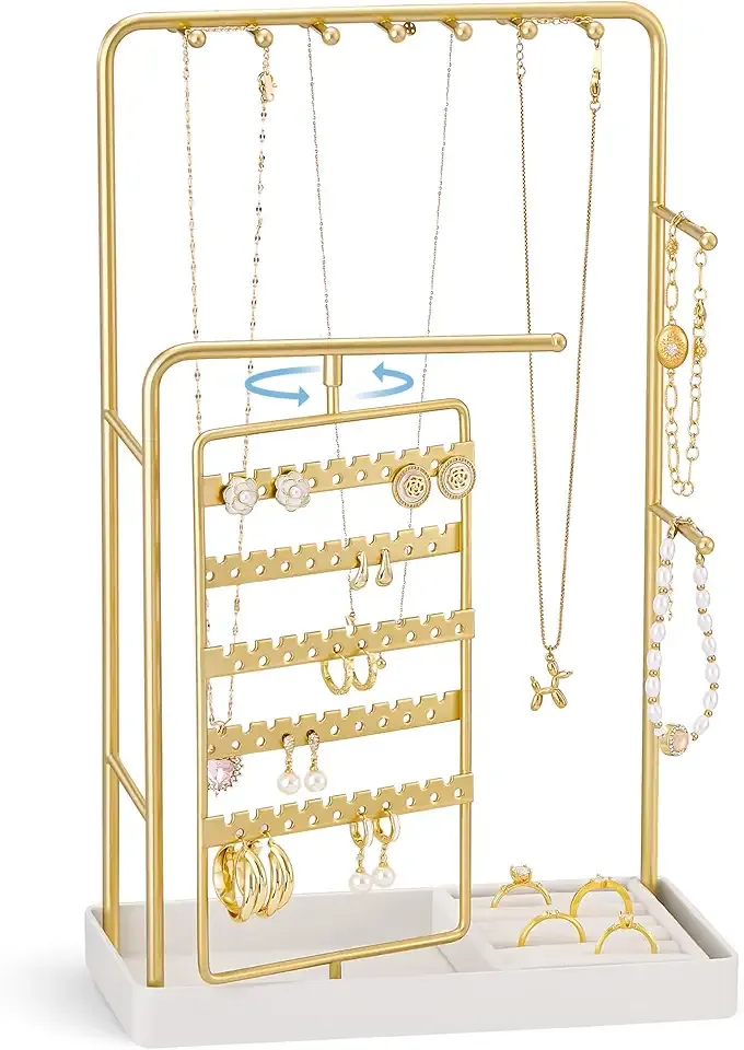 ProCase Jewelry Stand Holder Organizer, Jewelry Display Storage with Ring Tray, No-Assembly Needed, Rotating Earring Bracelet Necklace Holder, Christmas Gifts Room Dorm Decor for Teen Girls -Gold