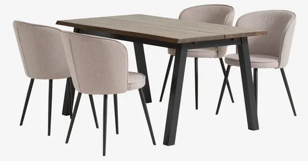SKOVLUNDE + RISSKOV SKOVLUNDE L160 tafel donker eiken + 4 RISSKOV lichtgrijs