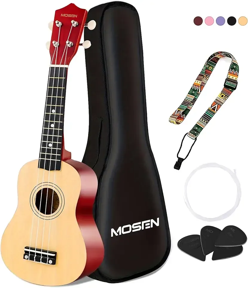 MOSEN 21" Ukulele for Beginners, Soprano Ukuleles Beginner Kit, Mini Guitar Travel Bundle with Gig Bag Strap Picks Nylon Strings Solid Wood Uke Gift (Natural Wood)
