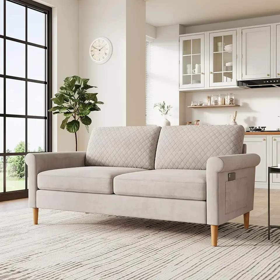 Vesgantti 65" Beige Loveseat, Comfy Mid-Century Modern 2-Seat Sofa, No-Tool Assembly Small Couch for Living Room & Bedroom