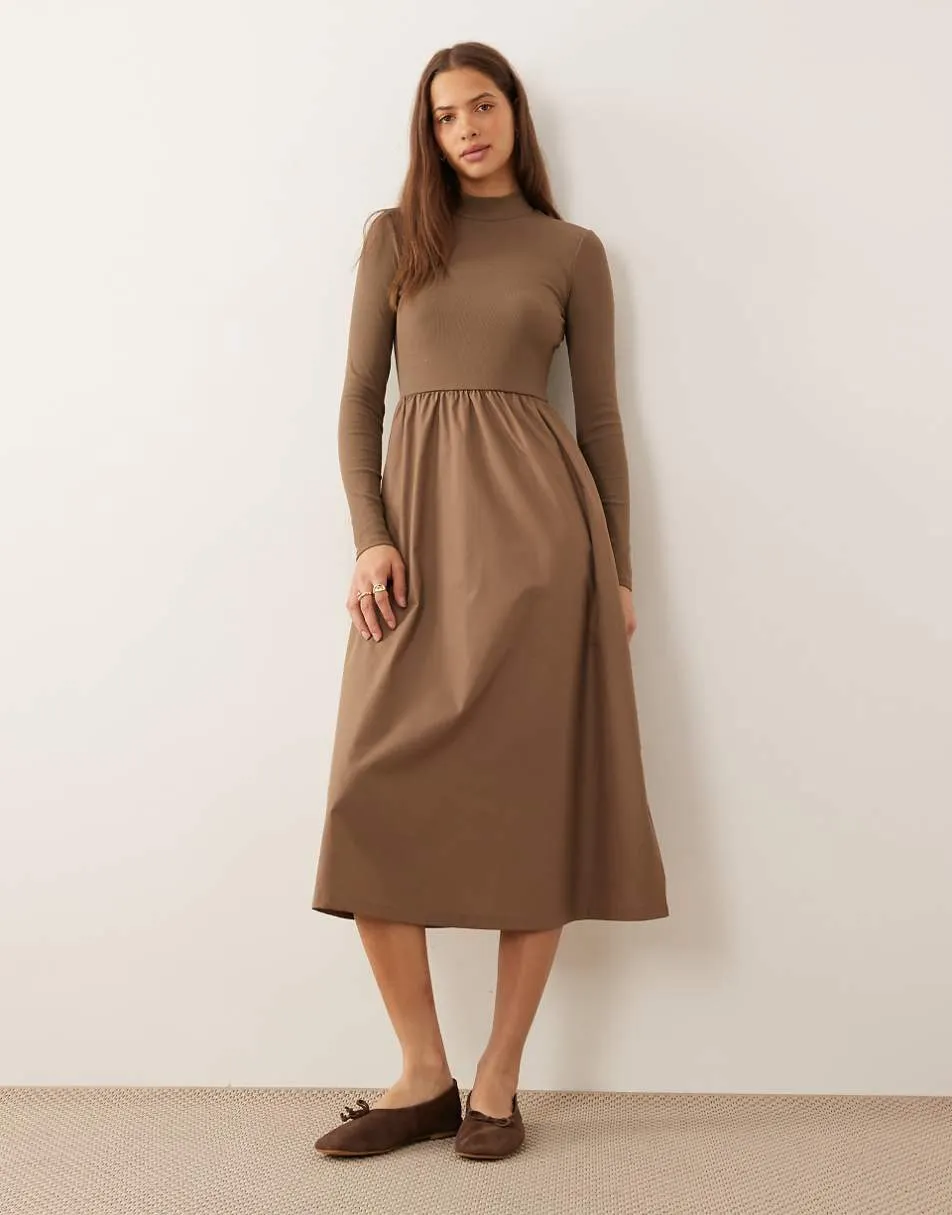 Threadbare high neck jersey poplin mix midi dress in mocha