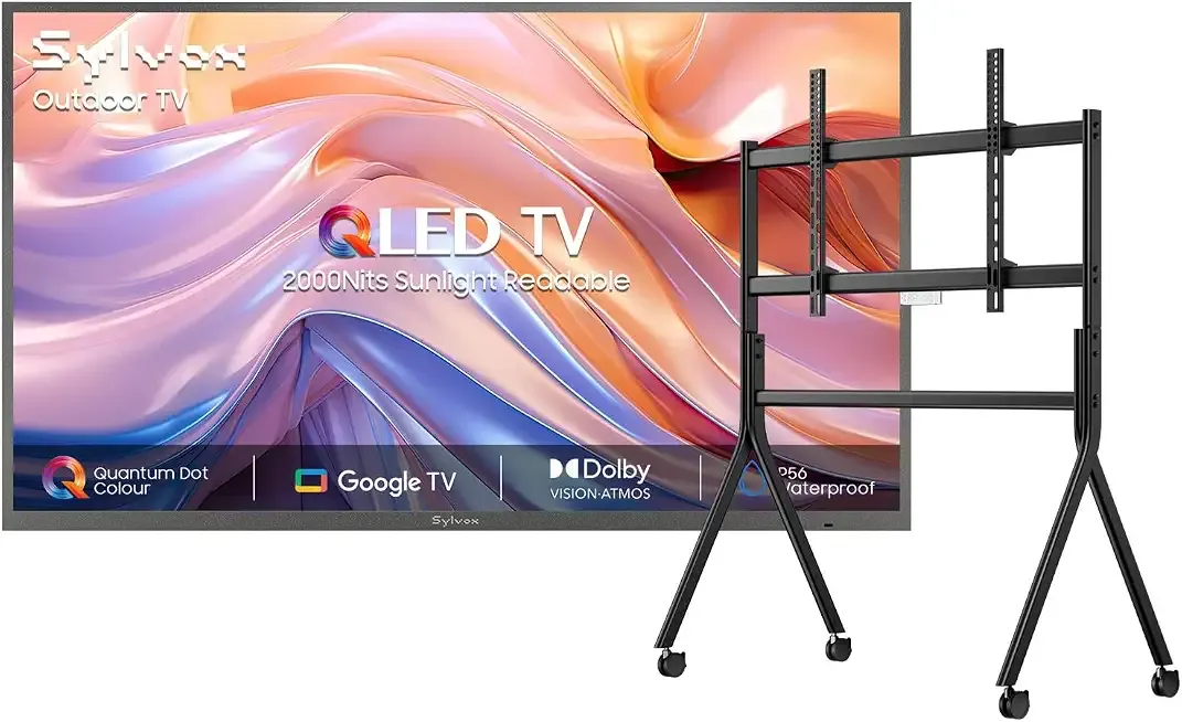 SYLVOX Outdoor TV with Rolling Stand, 75 inch Smart QLED TV, 2000 Nit Full Sun, Weatherproof, 4K UHD, IP56 Waterproof, Commercial Grade (2026 Model)