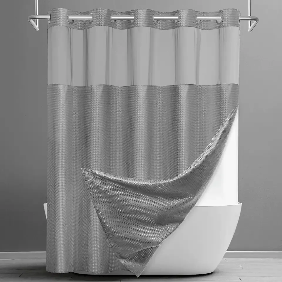 SORTTO No Hook Shower Curtain with Snap in Liner Set Waffle Shower Curtain for Bathroom Hotel Style Fabric Waterproof Inner Liner,71" W x 74" H, Grey