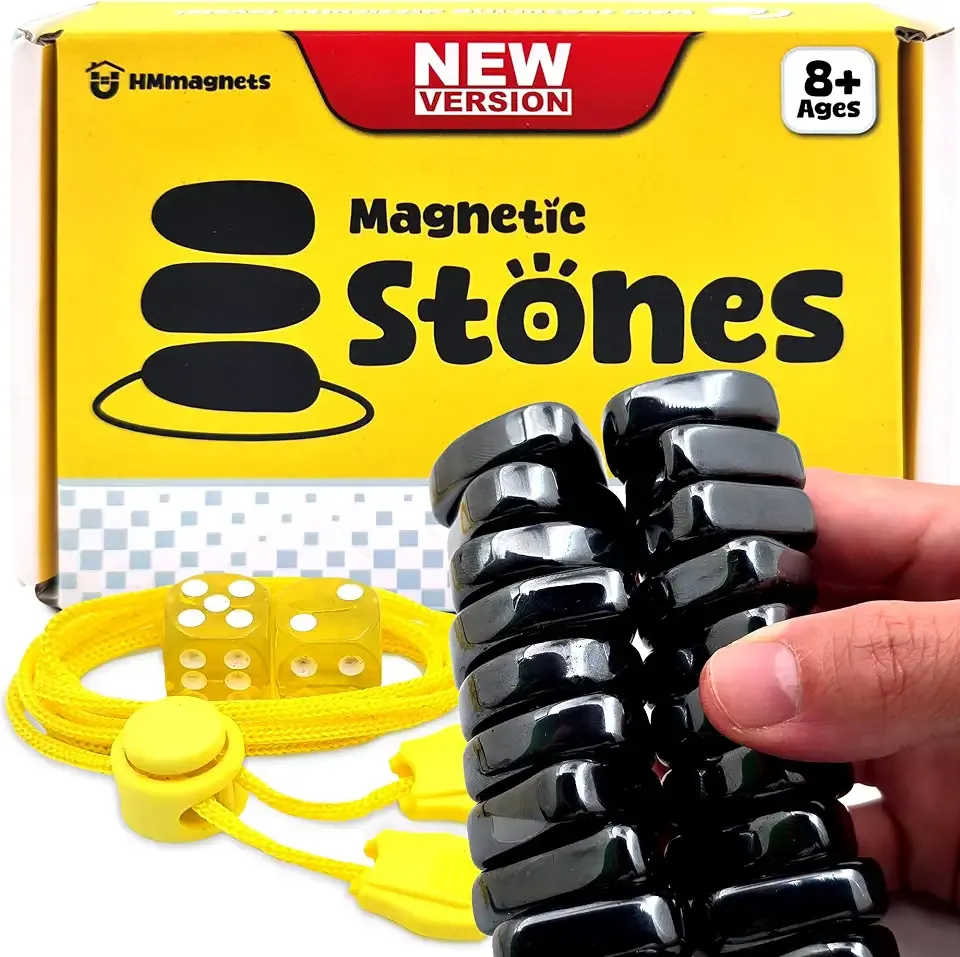 Upgraded Multi-Level Magnetic Chess Set with Large (Full-Size) Stones & String - Complete Kit with 20 Extra Large Stones (1.45 inches by 1.35 inches), Adjustable Rope, 2 Dice & Travel Pouch | 1 Pack