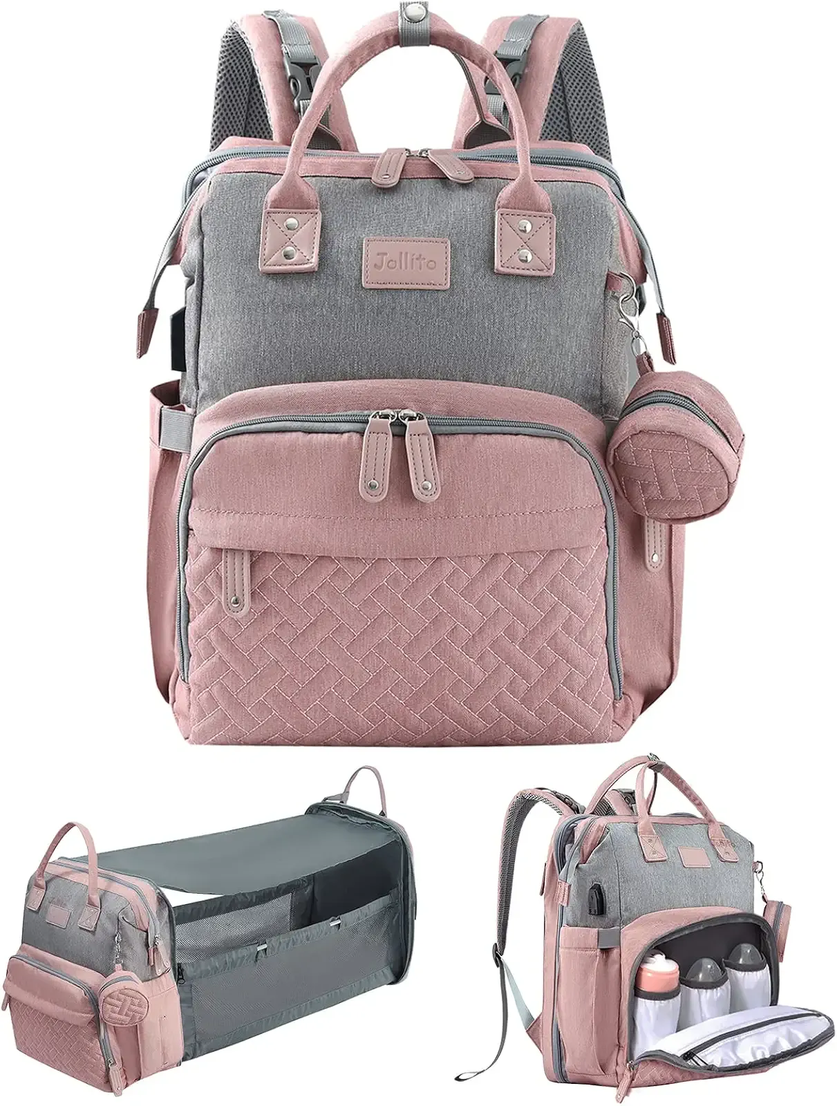 JOLLITO Baby Diaper Bag Backpack with Changing Station, Large Capacity, Stroller Straps and USB Charging Port, Baby Registry Search for Boys & Girls