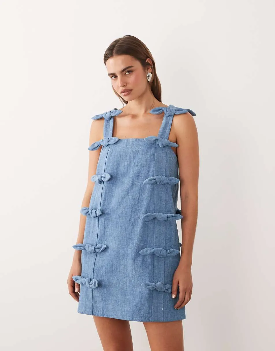 Sister Jane Larsson denim square neck bow detail mini dress in blue