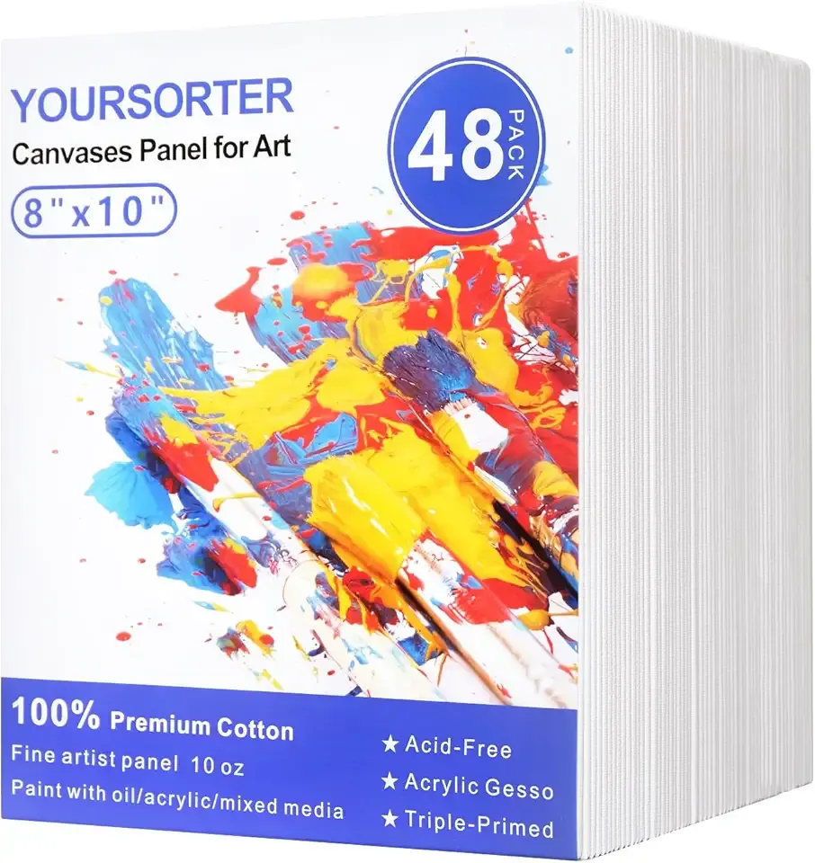 Canvases for Painting 48 Pack, 8x10 inch Blank Canvas Boards, Primed Acid-Free 100% Cotton Canvas Panels for Acrylic Oil Tempera Watercolor Paints, Art Supplies