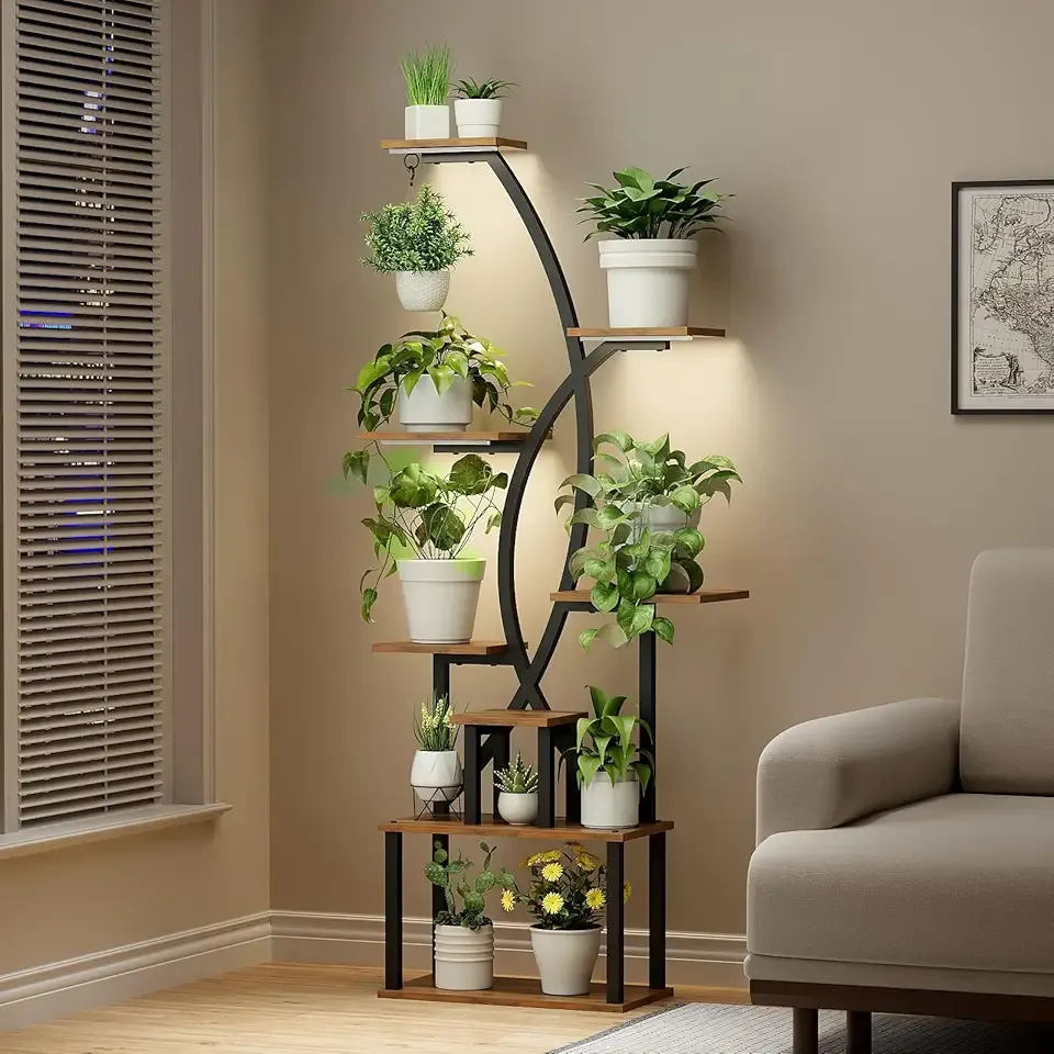 Plant Stand Indoor,8-Tier 65 inch Tall Plant Shelf for Indoor Plants with Grow Light, Plant Shelf with Adjustable Brightness & Timer,Modern Metal Plant Display Rack for Living Room/Patio