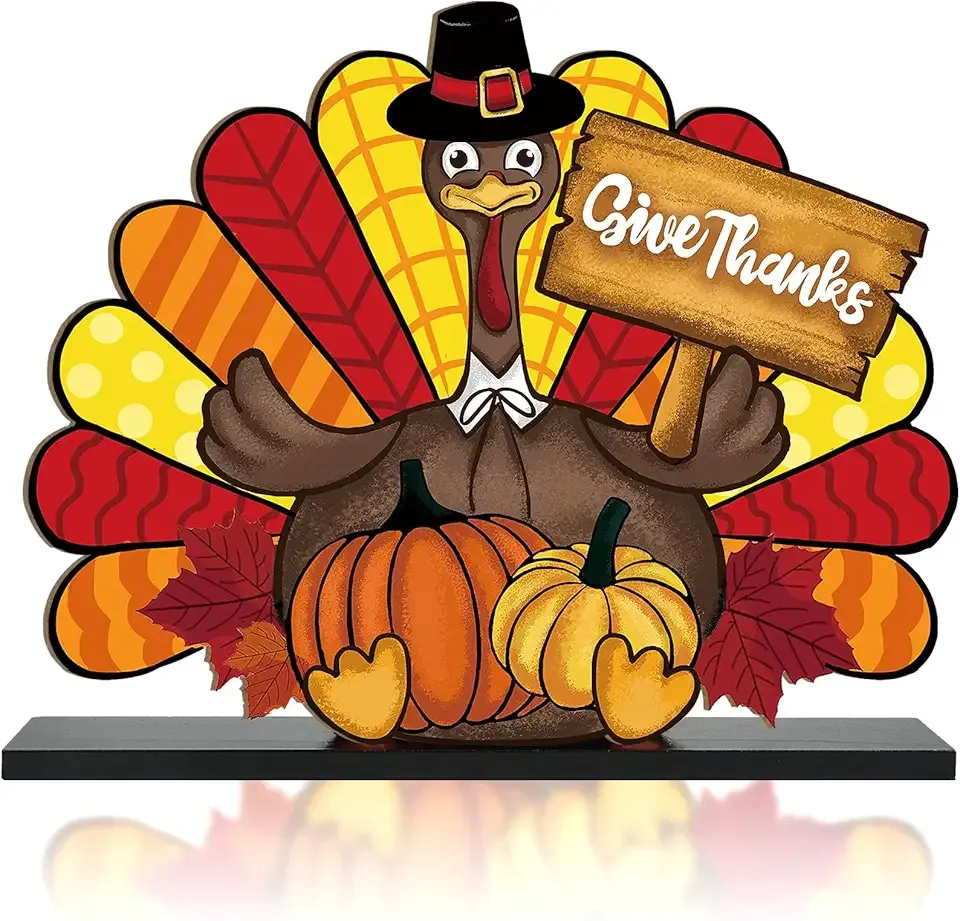 Thanksgiving Decorations Wooden Turkey Table Sign Fall Pumpkin Autumn Table Centerpieces Standing Tabletop Happy Thanksgiving for Holiday Harvest Home Room shelf Farmhouse Decorations Thanks Gives