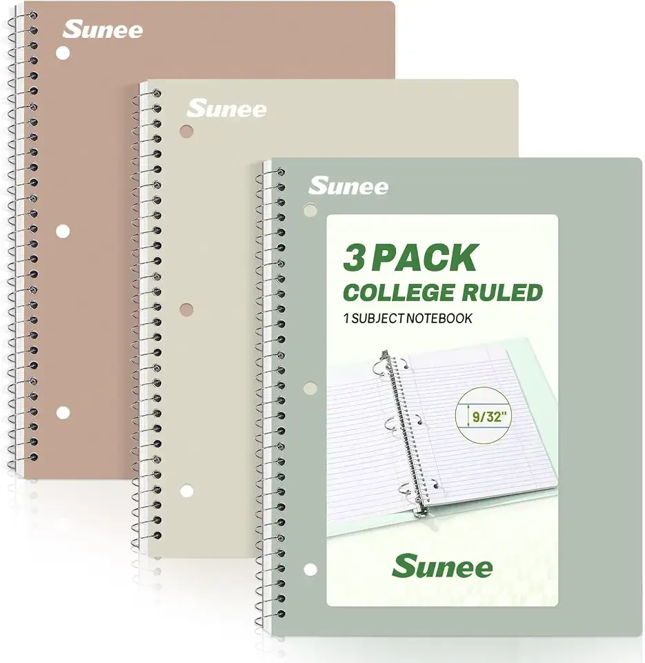 SUNEE Spiral Notebooks, 3 Pack, 1-Subject, College Ruled Paper, 8" x 10-1/2", 70 Sheets per Notebook, Assorted Aesthetic Colors Spiral Notebooks for School